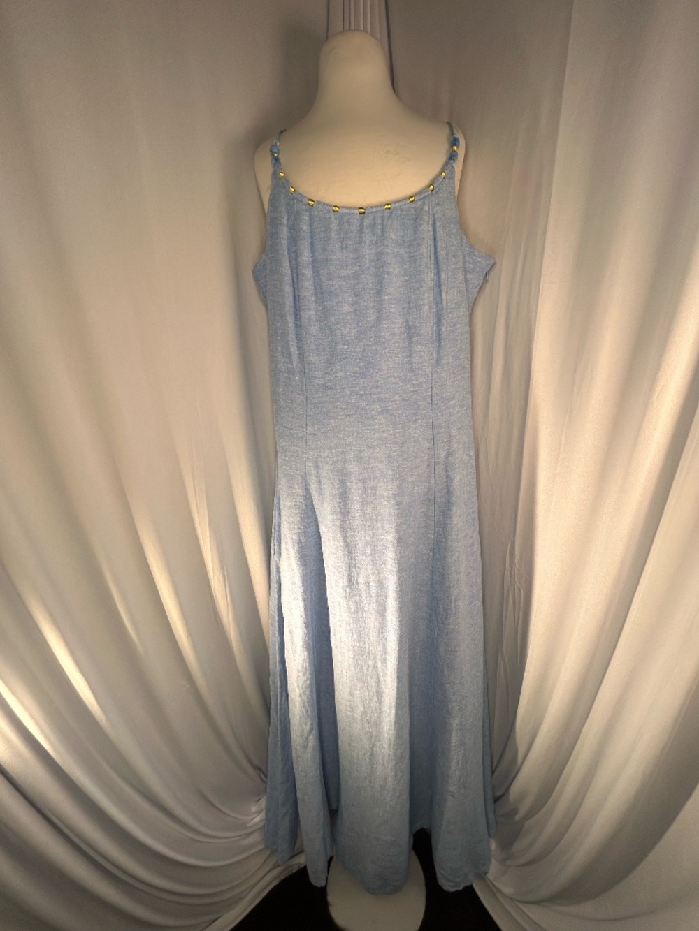 Calypso St. Barth Linen Beaded Maxi Dress Navy Blue Flare Skirt Beach Size XS